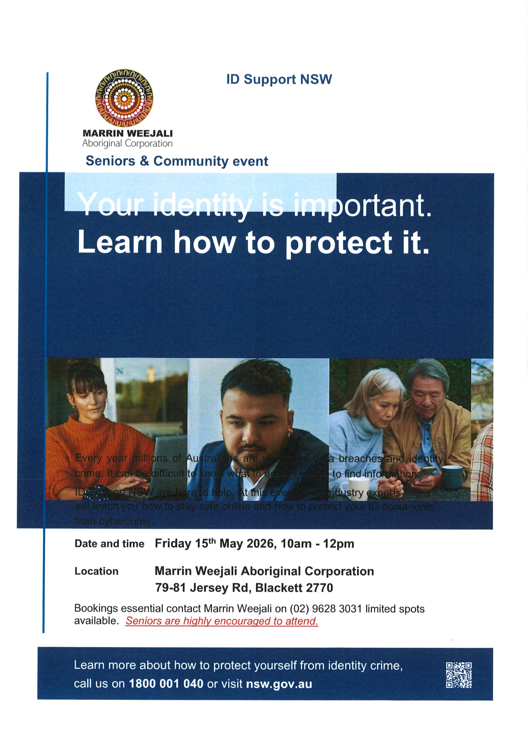 Flyer for ID Support NSW: Seniors & Community event by Marrin Weejali Aboriginal Corporation, about protecting identity.