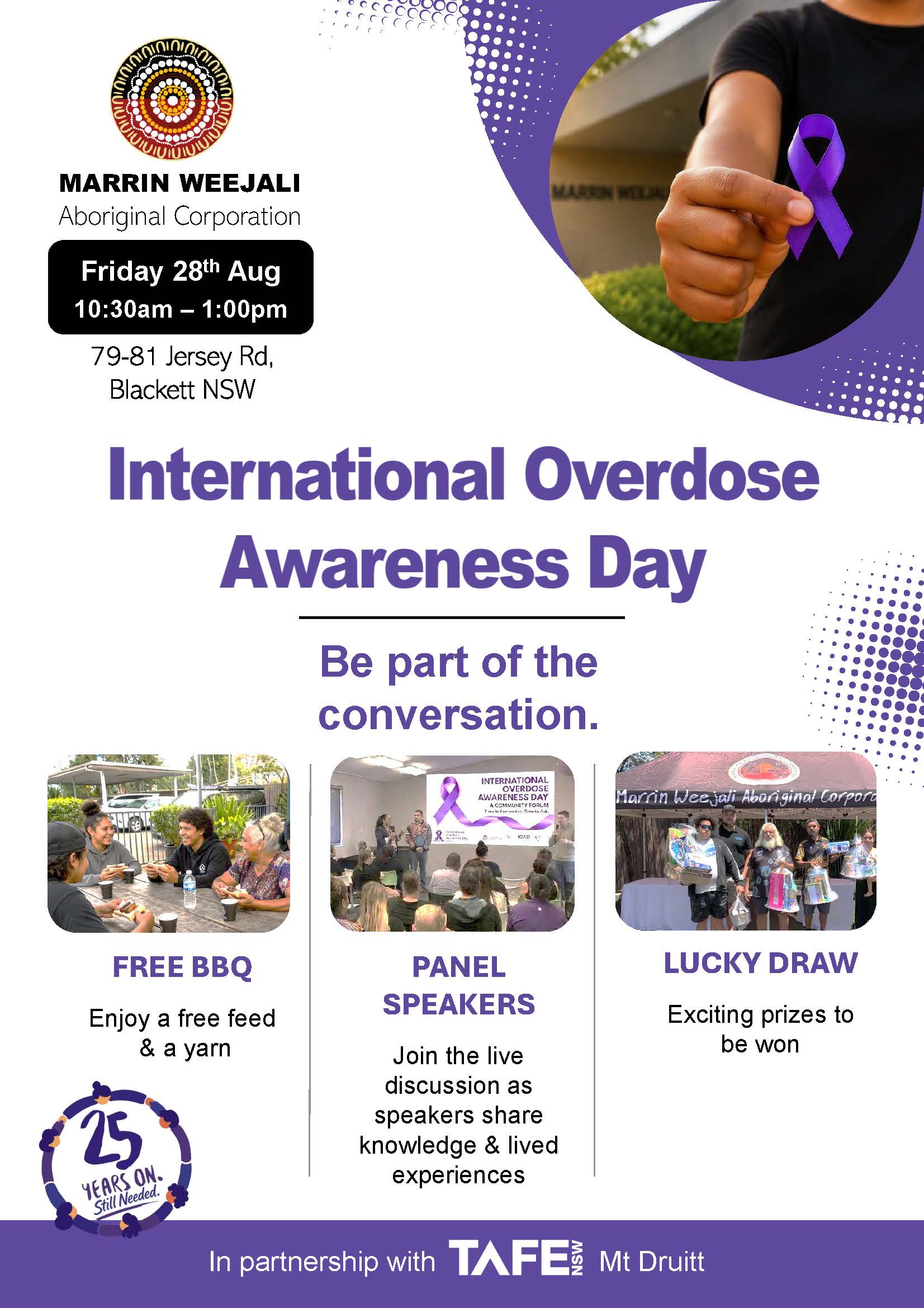 Poster for International Overdose Awareness Day with purple ribbon, event details and activities like Free BBQ, panel speakers and lucky draw on a grid layout