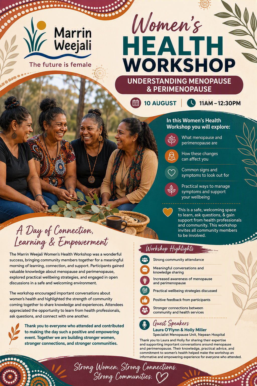 Poster for a Women's Health Workshop on menopause; four women smiling together outdoors with event details included.