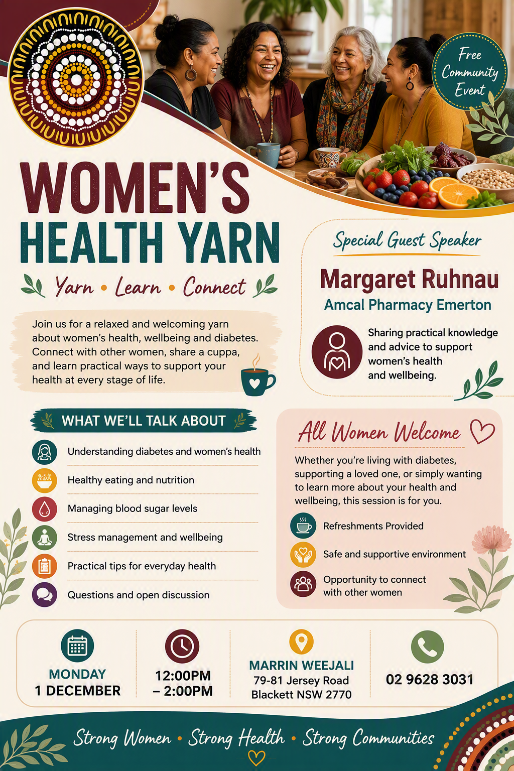 Crowd of women chatting at a community health yarn event with fruit platter; title: Women's Health Yarn, Free Community Event badge visible.