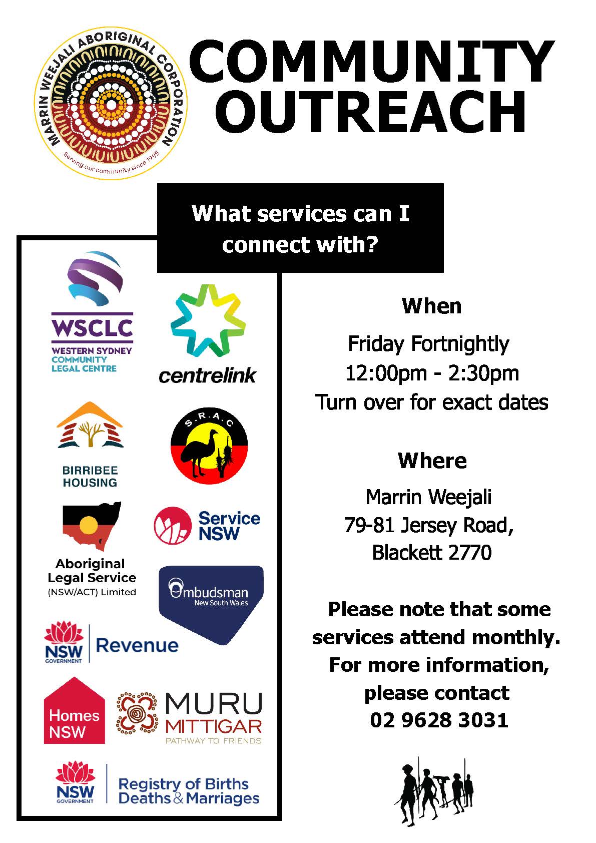 Community Outreach flyer with partner logos (WSCLC, Centrelink, Aboriginal Legal Service NSW/ACT, Service NSW, Ombudsman NSW, etc.), bold header 'What services can I connect with?', and meeting details: Fridays 12:00pm–2:30pm at Marrin Weejali, 79-81 Jersey Road, Blackett 2770.